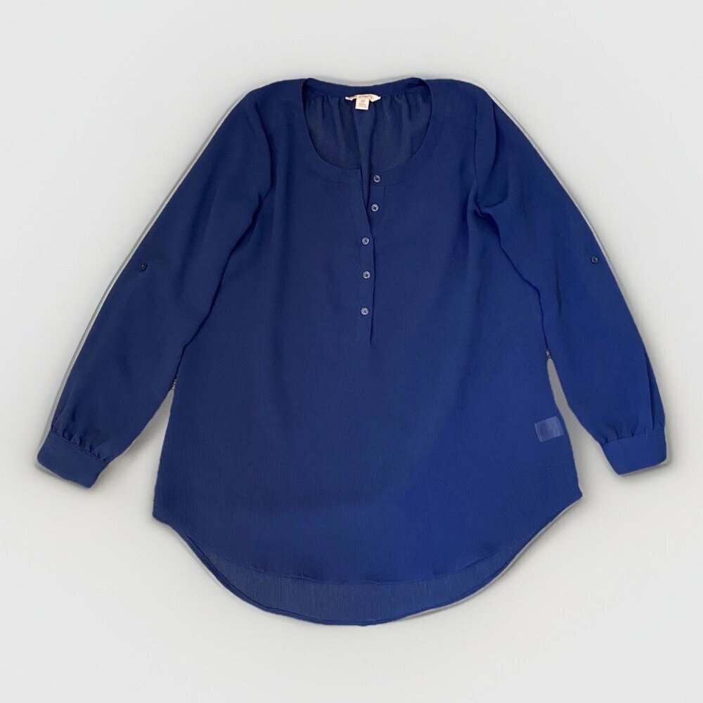 Candie's Women's Blouse Top Size M Blue Sheer Long Roll Tab Sleeves Buttons EUC